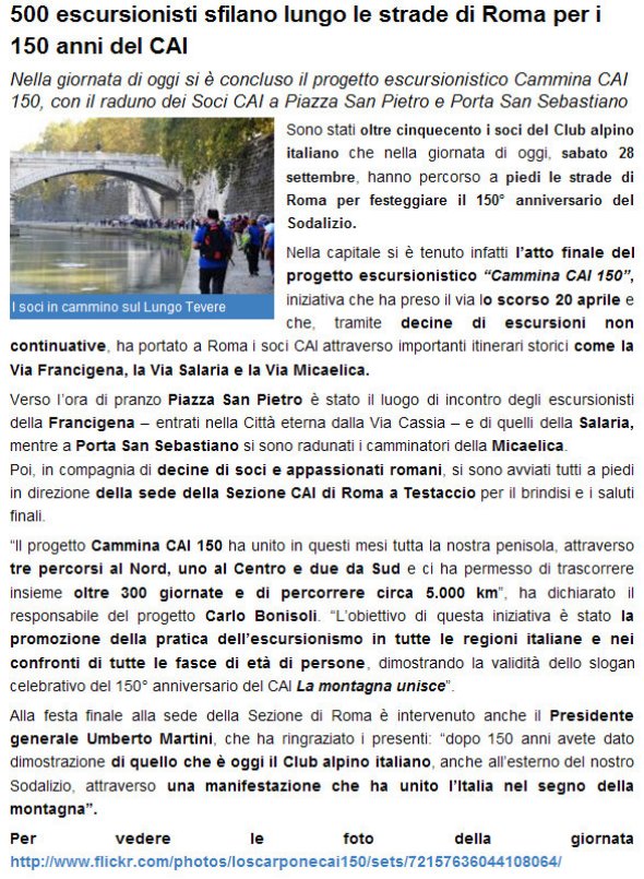 500 escursionisti sfilano lungo le strade di Roma per i 150 anni del CAI 